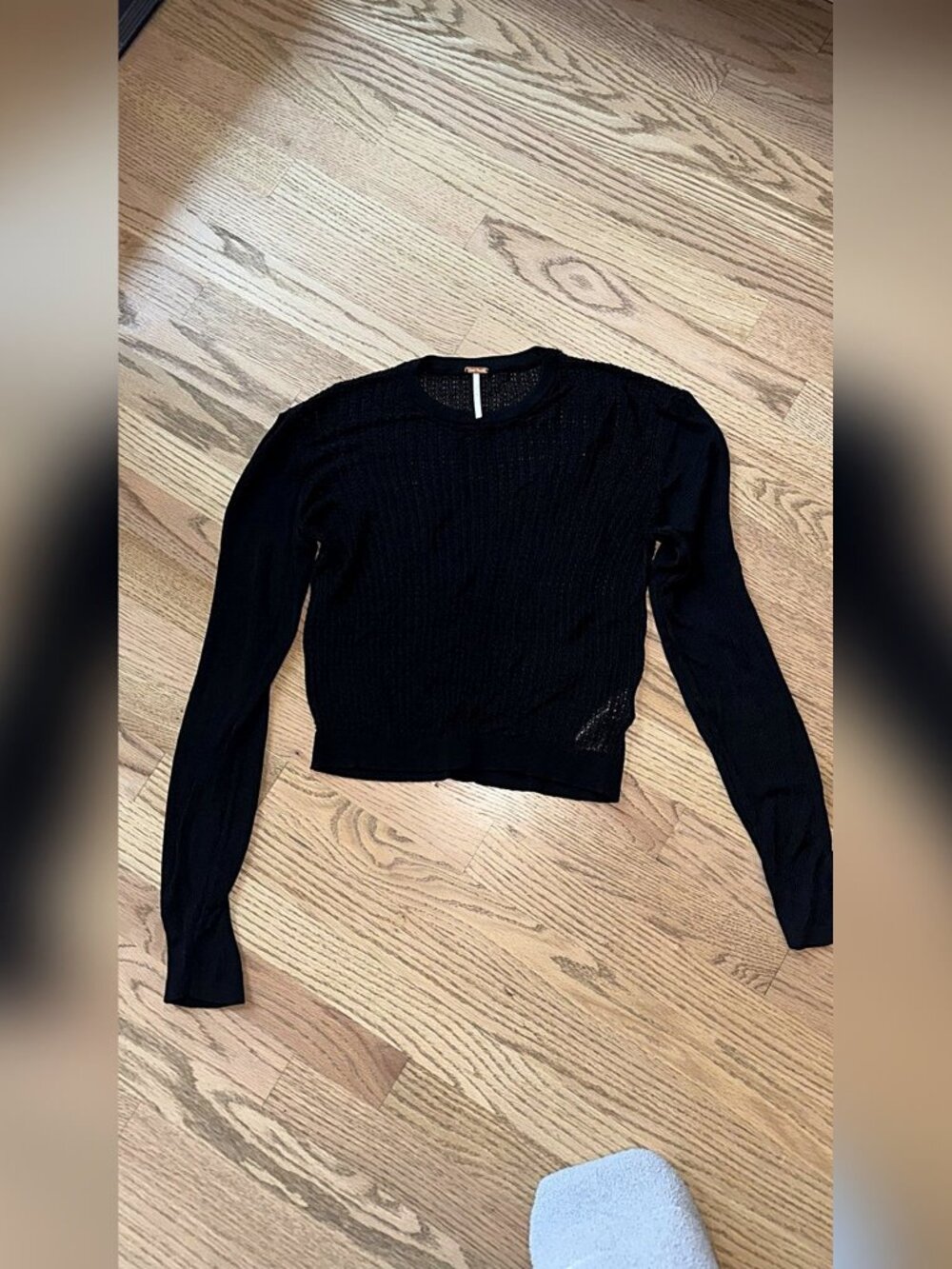 Free People Black Pointelle Open Knit Cropped Pullover Sweater L